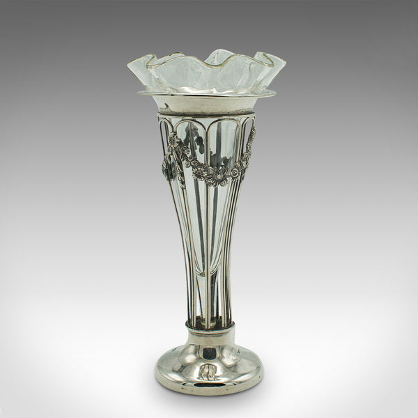 Small Antique Stem Vase, English, Silver, Glass, Decor, Art Nouveau, Edwardian