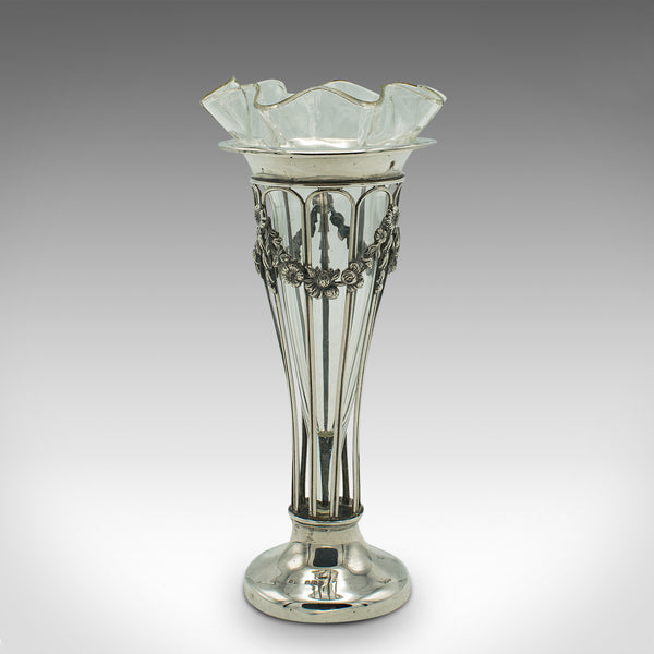 Small Antique Stem Vase, English, Silver, Glass, Decor, Art Nouveau, Edwardian