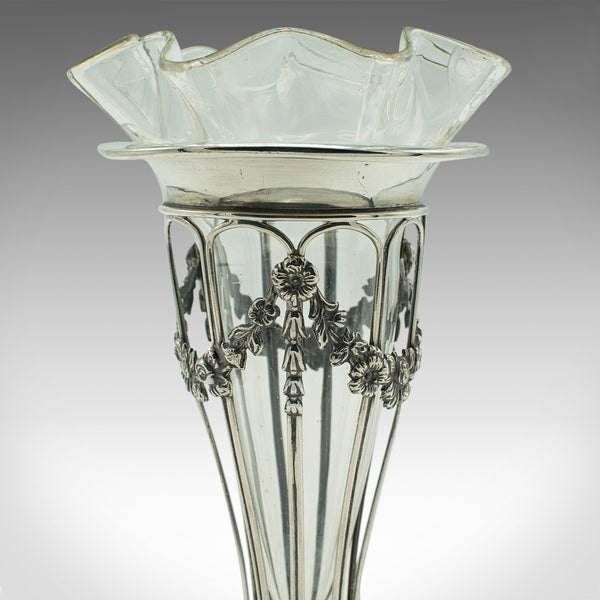 Small Antique Stem Vase, English, Silver, Glass, Decor, Art Nouveau, Edwardian