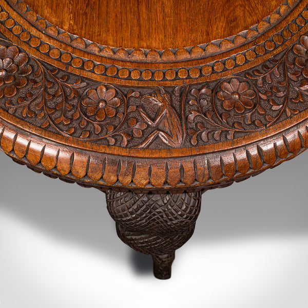 Antique Occasional Table, Indian Teak, Carved, Coffee, Elephants, Late Victorian