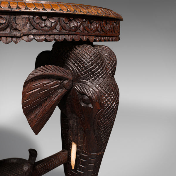 Antique Occasional Table, Indian Teak, Carved, Coffee, Elephants, Late Victorian