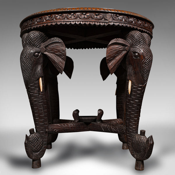 Antique Occasional Table, Indian Teak, Carved, Coffee, Elephants, Late Victorian