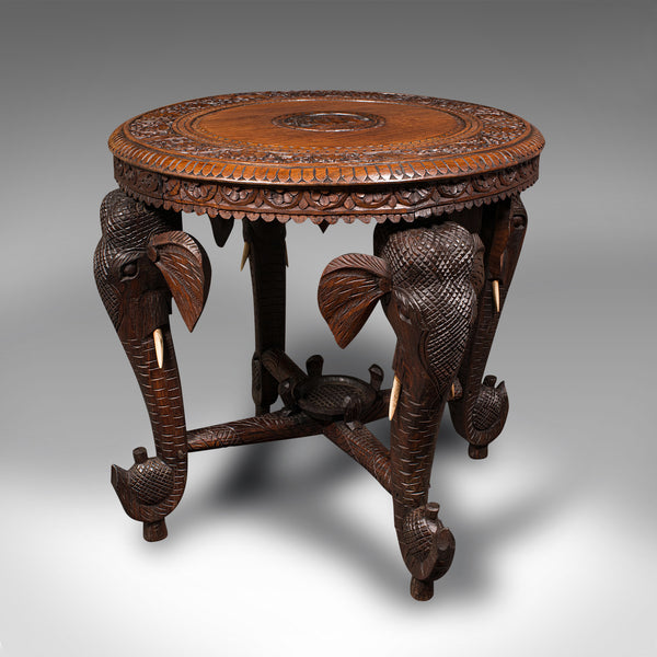 Antique Occasional Table, Indian Teak, Carved, Coffee, Elephants, Late Victorian