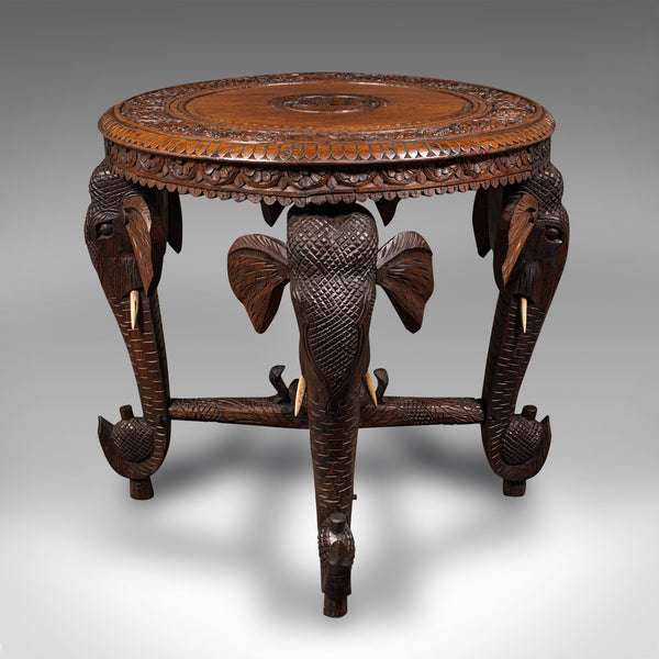 Antique Occasional Table, Indian Teak, Carved, Coffee, Elephants, Late Victorian