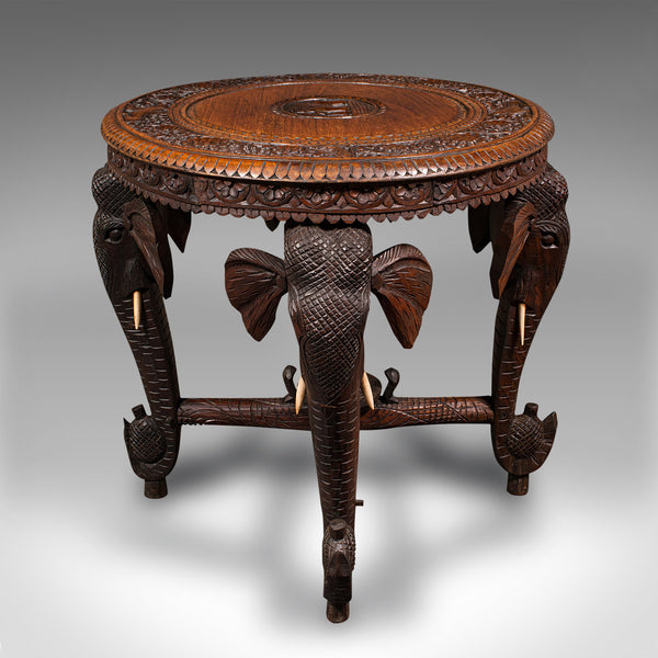 Antique Occasional Table, Indian Teak, Carved, Coffee, Elephants, Late Victorian