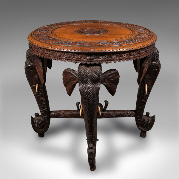 Antique Occasional Table, Indian Teak, Carved, Coffee, Elephants, Late Victorian