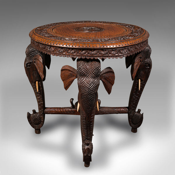 Antique Occasional Table, Indian Teak, Carved, Coffee, Elephants, Late Victorian