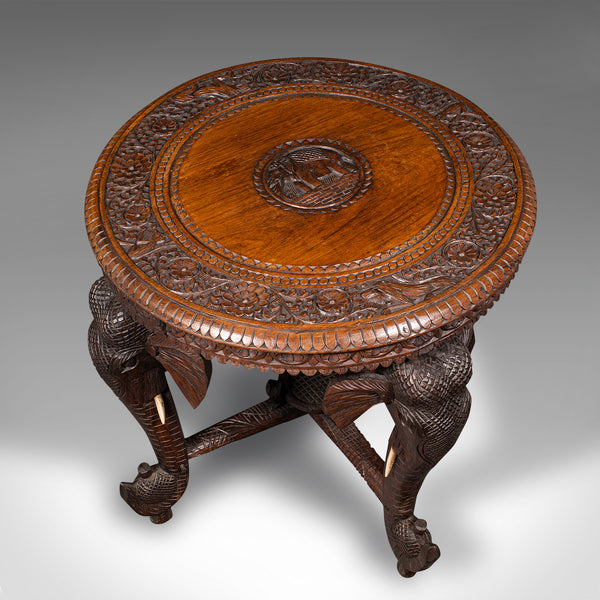 Antique Occasional Table, Indian Teak, Carved, Coffee, Elephants, Late Victorian