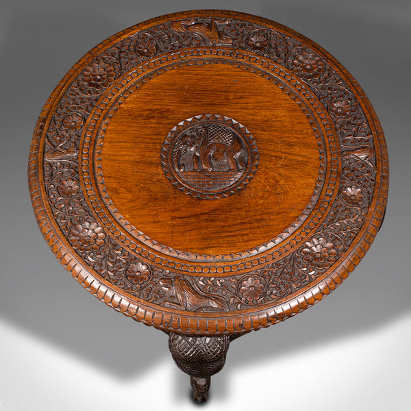 Antique Occasional Table, Indian Teak, Carved, Coffee, Elephants, Late Victorian