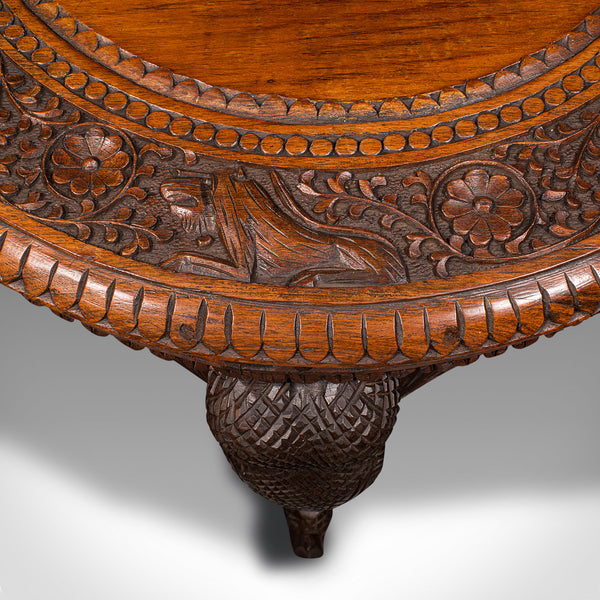 Antique Occasional Table, Indian Teak, Carved, Coffee, Elephants, Late Victorian