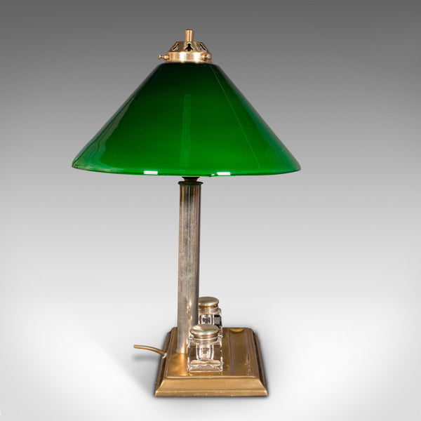 Antique Executive Desk Lamp, English, Brass, Glass, Table Light, Edwardian, 1910