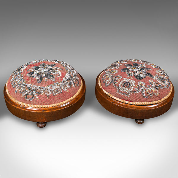 Pair Of Antique Beadwork Footstools, English, Decorative Rest, Stool, Victorian