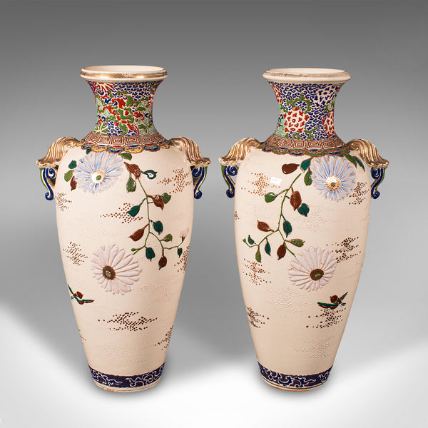 Tall Pair Of Vintage Satsuma Vases, Japanese, Ceramic, Flower, Oriental Art Deco