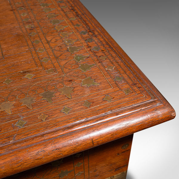 Vintage Campaign Chest, Anglo Indian, Teak, Brass, Inlay, Coffee Table, Art Deco