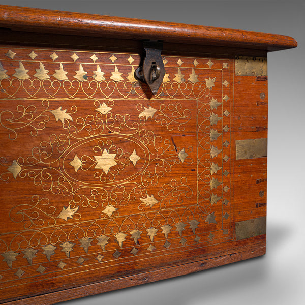 Vintage Campaign Chest, Anglo Indian, Teak, Brass, Inlay, Coffee Table, Art Deco