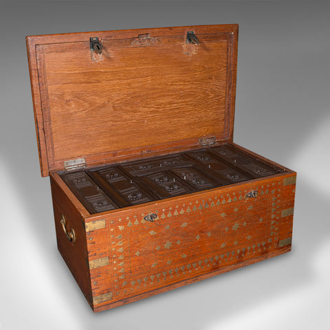 Vintage Campaign Chest, Anglo Indian, Teak, Brass, Inlay, Coffee Table, Art Deco