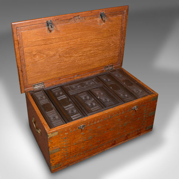 Vintage Campaign Chest, Anglo Indian, Teak, Brass, Inlay, Coffee Table, Art Deco