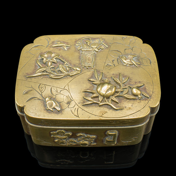 Small Antique Seamstress' Button Box, Japanese, Brass, Decorative, Victorian