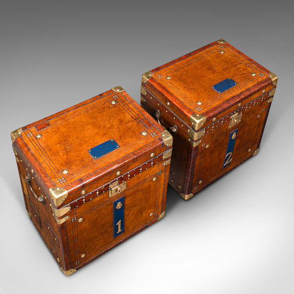 Pair of Vintage Campaign Luggage Cases, English, Leather, Military, Nightstands