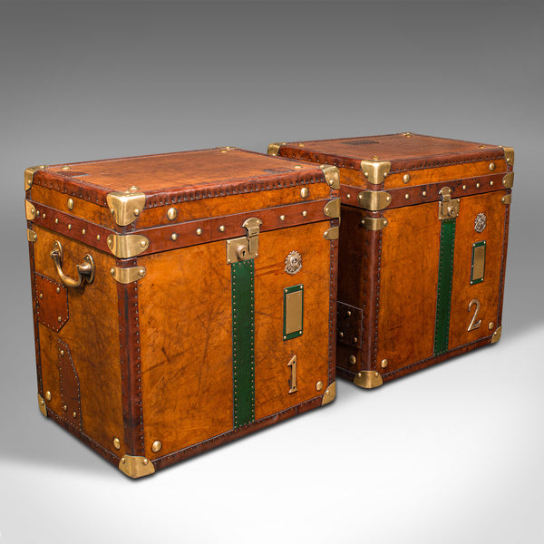 Pair Of Vintage Officer's Campaign Luggage Cases, English, Leather, Nightstand