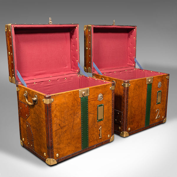 Pair Of Vintage Officer's Campaign Luggage Cases, English, Leather, Nightstand