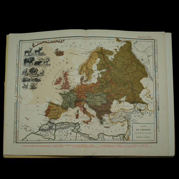 Antique World Atlas, French Language, Cartography, Reference Book, Victorian