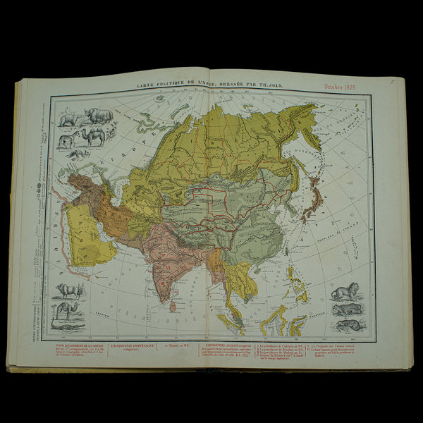 Antique World Atlas, French Language, Cartography, Reference Book, Victorian