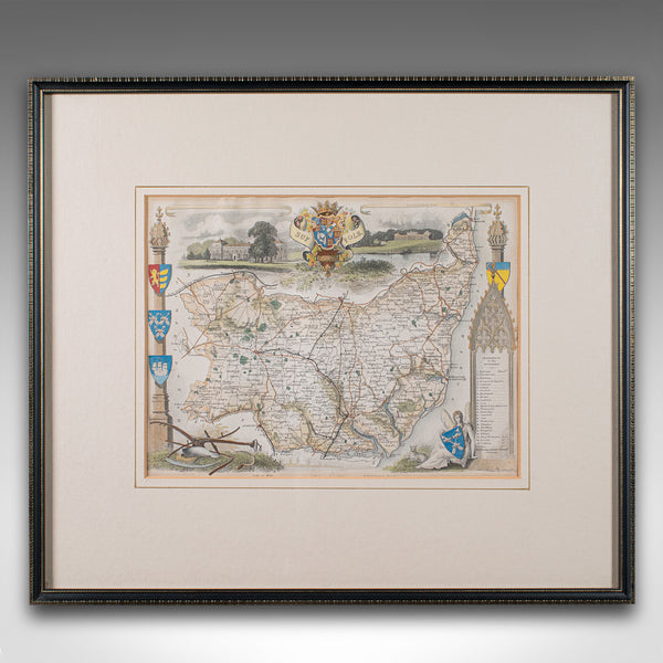 Antique County Map, Suffolk, English, Framed Lithograph, Cartography, Victorian