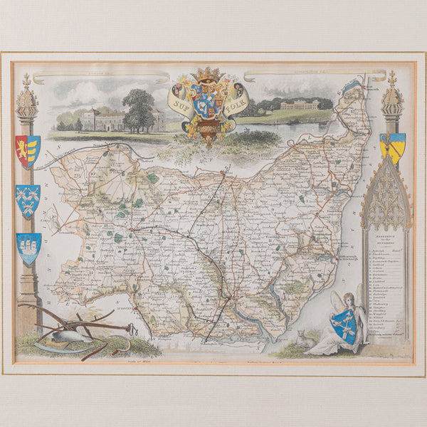 Antique County Map, Suffolk, English, Framed Lithograph, Cartography, Victorian