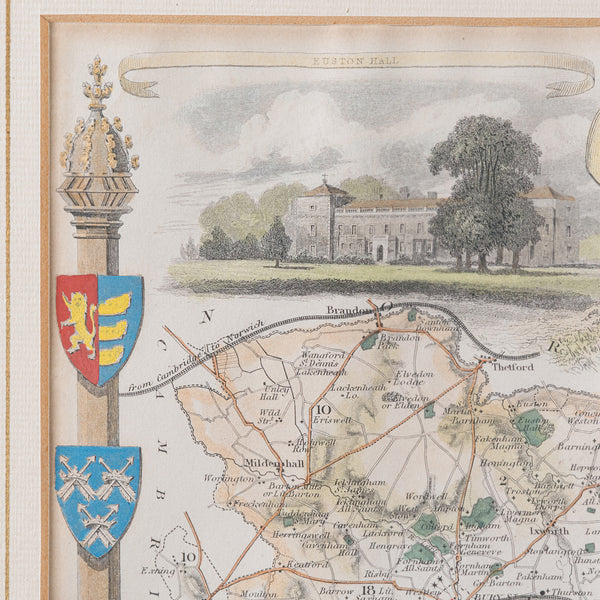 Antique County Map, Suffolk, English, Framed Lithograph, Cartography, Victorian