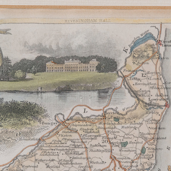 Antique County Map, Suffolk, English, Framed Lithograph, Cartography, Victorian