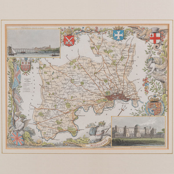 Antique County Map, Middlesex, English, Framed, Litho, Cartography, Victorian