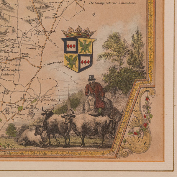 Antique Lithography Map, Huntingdonshire, English, Framed Cartography, Victorian