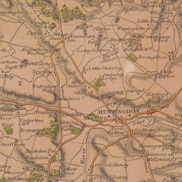 Antique Lithography Map, Huntingdonshire, English, Framed Cartography, Victorian