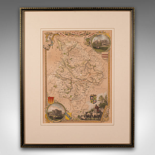 Antique Lithography Map, Huntingdonshire, English, Framed Cartography, Victorian