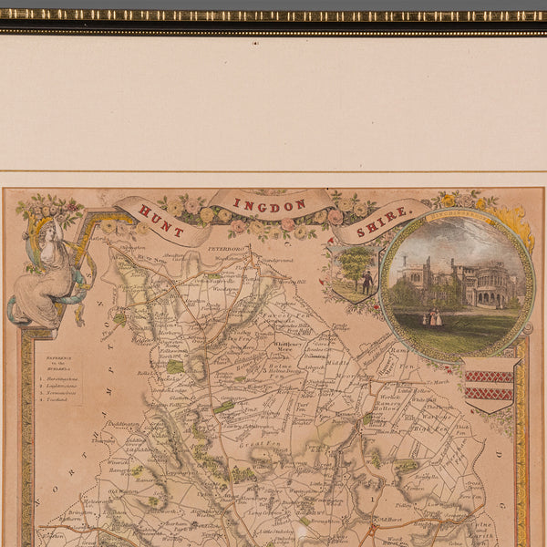 Antique Lithography Map, Huntingdonshire, English, Framed Cartography, Victorian