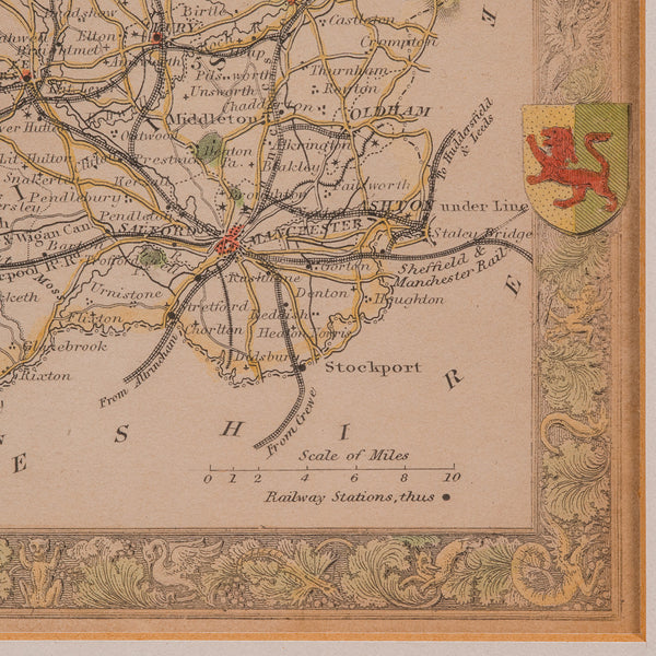 Antique County Map, Lancashire, English, Framed Lithography, Cartography, C.1860