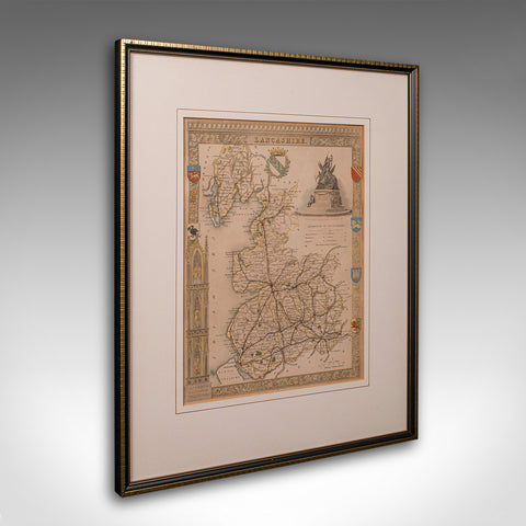 Antique County Map, Lancashire, English, Framed Lithography, Cartography, C.1860