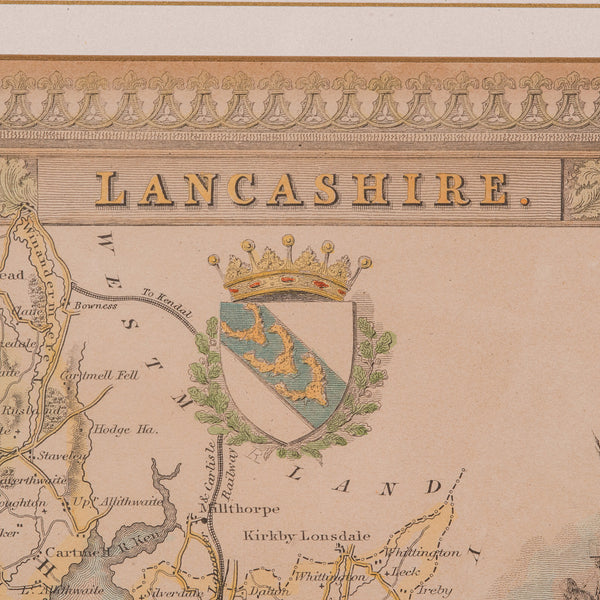 Antique County Map, Lancashire, English, Framed Lithography, Cartography, C.1860