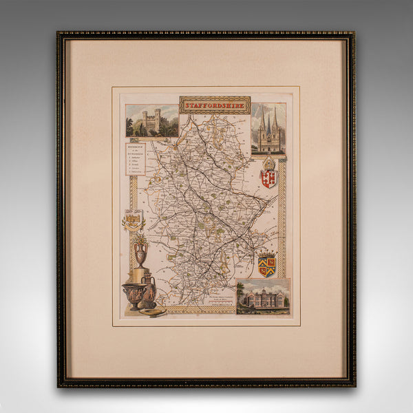 Antique County Map, Staffordshire, English, Framed Litho, Cartography, Victorian