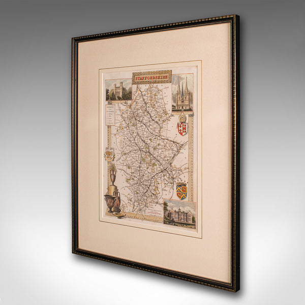 Antique County Map, Staffordshire, English, Framed Litho, Cartography, Victorian