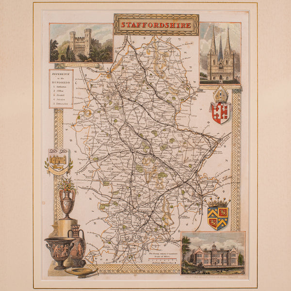 Antique County Map, Staffordshire, English, Framed Litho, Cartography, Victorian