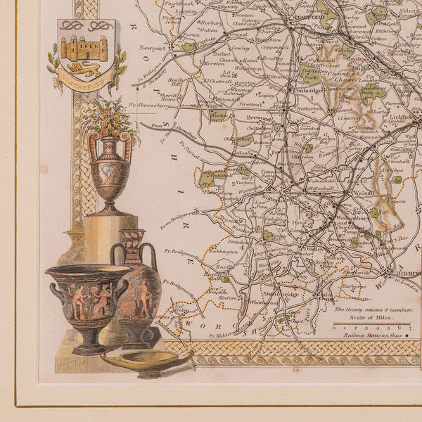 Antique County Map, Staffordshire, English, Framed Litho, Cartography, Victorian