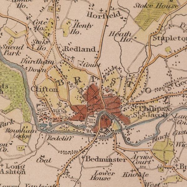 Antique Environs of Bath & Bristol Map, English, Framed Cartography, Victorian