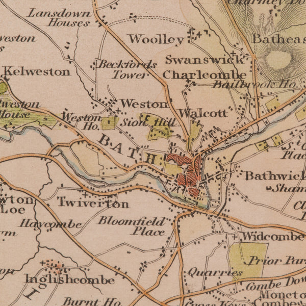 Antique Environs of Bath & Bristol Map, English, Framed Cartography, Victorian