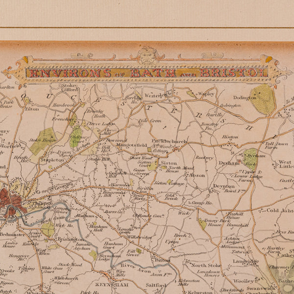 Antique Environs of Bath & Bristol Map, English, Framed Cartography, Victorian