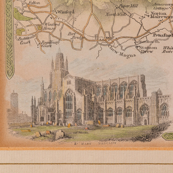 Antique Environs of Bath & Bristol Map, English, Framed Cartography, Victorian