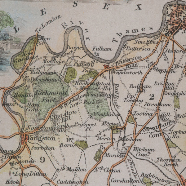 Antique County Map, Surrey, English, Framed Lithograph, Cartography, Victorian