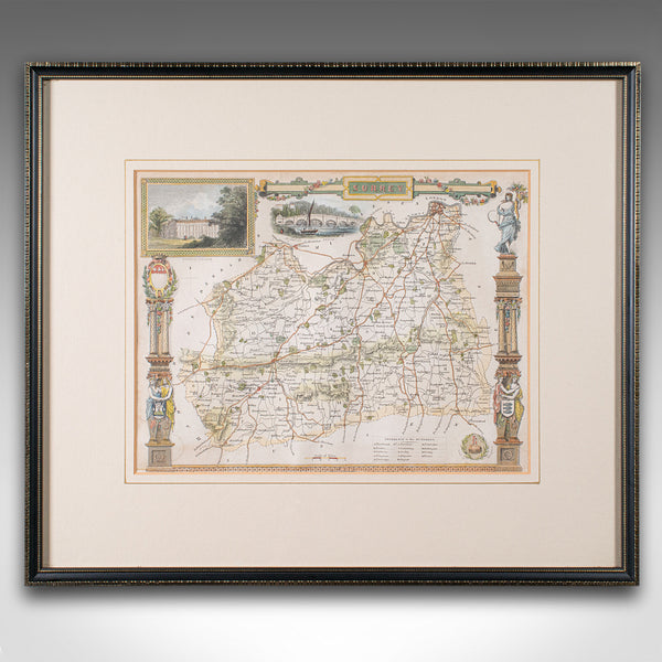 Antique County Map, Surrey, English, Framed Lithograph, Cartography, Victorian