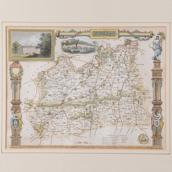 Antique County Map, Surrey, English, Framed Lithograph, Cartography, Victorian